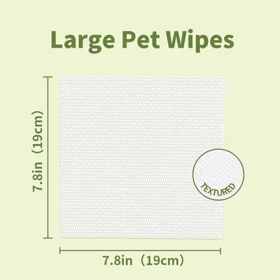 Communicates the physical dimensions of the pet wipes (7.8in x 7.8in / 19cm x 19cm) to help shoppers understand the product size and coverage area.