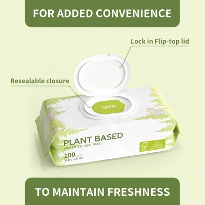 Highlights the physical components of the wipes packaging that provide convenience and maintain freshness, showing shoppers how the lid and closure mechanism work. Communicates the key benefit that…