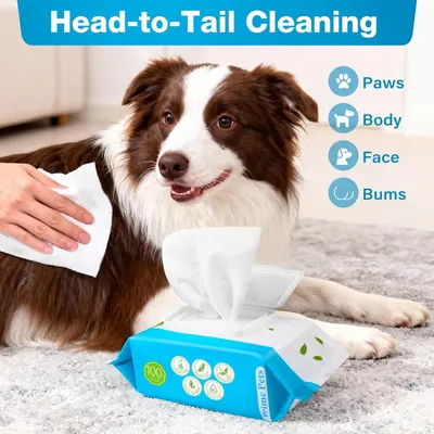 Demonstrates the versatility of the pet wipes by showing they can be used to clean multiple areas of the pet (paws, body, face, and bums), reassuring shoppers of the product's comprehensive cleaning…