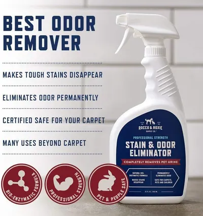 Communicates multiple key benefits of the stain and odor eliminator in a segmented list format to show shoppers why this product is effective and versatile for pet owners.