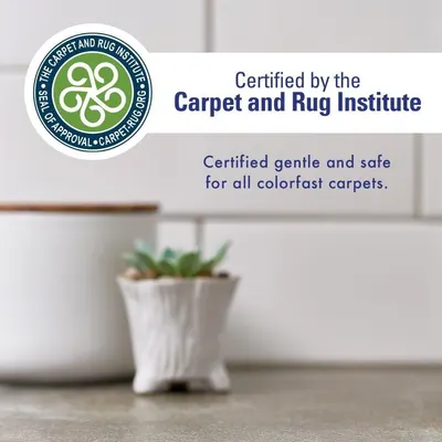 Communicates third-party certification from the Carpet and Rug Institute to reassure shoppers that the product is gentle, safe, and approved for use on all colorfast carpets.