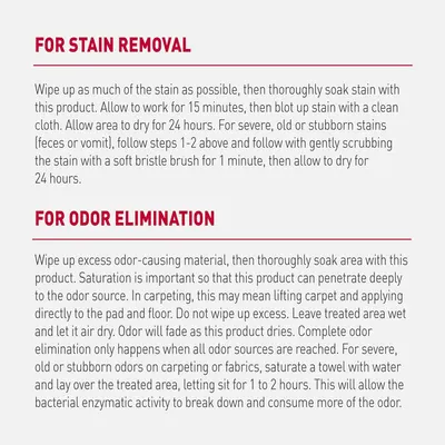 Provides detailed step-by-step instructions for using the product to remove stains and eliminate odors, helping shoppers understand proper application methods for best results.