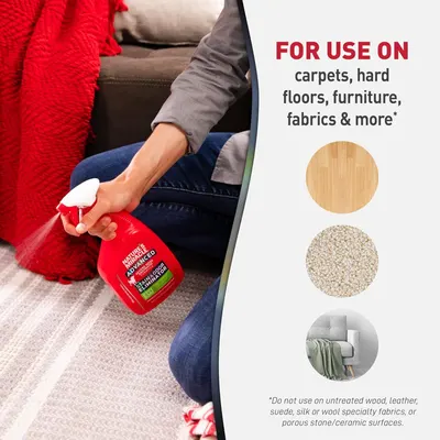 Demonstrates the product's versatility by showing multiple surfaces and materials it can be used on, reassuring shoppers that it works across carpets, hard floors, furniture, and fabrics.