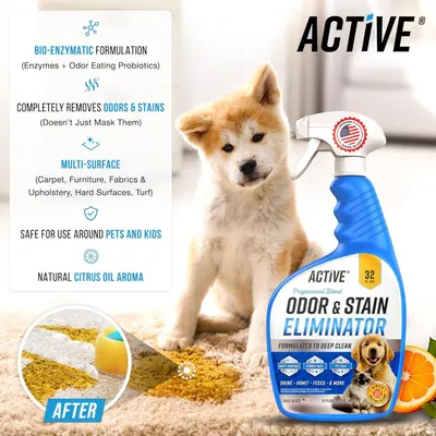 Communicates multiple key benefits of the pet odor and stain eliminator in a segmented layout, reassuring shoppers that the product is effective, safe, versatile, and uses natural ingredients.
