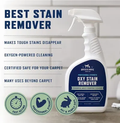 Communicates multiple key benefits of the stain remover in a segmented layout, highlighting its effectiveness, safety, versatility, and speed to reassure shoppers this is a comprehensive cleaning…