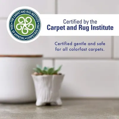 Communicates third-party certification from the Carpet and Rug Institute to reassure shoppers that the product is gentle, safe, and approved for use on all colorfast carpets. Highlights the…