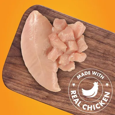 Communicates that the product is made with authentic, real chicken to reassure shoppers about ingredient quality and authenticity.