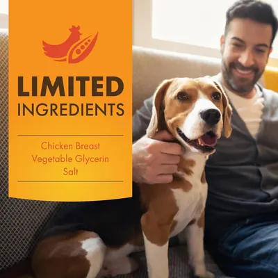 Communicates that the product contains only three simple, clean ingredients (Chicken Breast, Vegetable Glycerin, Salt) to reassure pet owners about product transparency and quality.