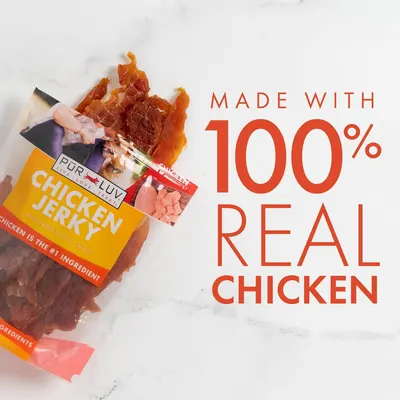 Communicates the product's primary ingredient quality claim—that the chicken jerky dog treats are made with 100% real chicken—to reassure pet owners about ingredient transparency and quality.
