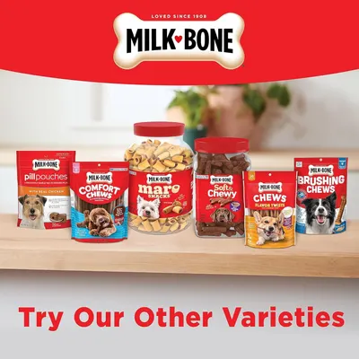 Showcases the Milk-Bone brand's full product portfolio to encourage shoppers to explore other varieties and reinforce brand trust through heritage messaging.