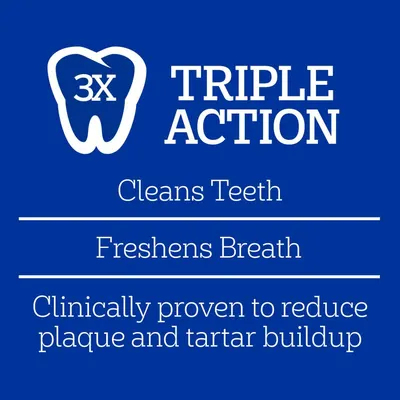 Communicates the three distinct benefits of the product (cleaning, freshening, and plaque/tartar reduction) to reassure shoppers of its comprehensive oral care effectiveness.