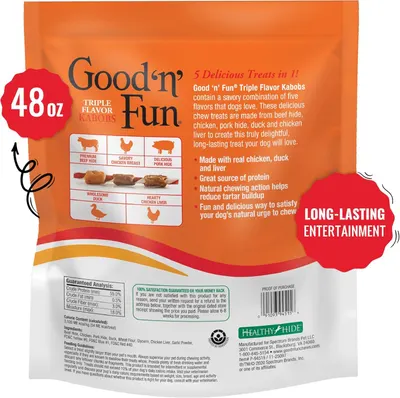 Communicates multiple distinct benefits of the dog treat product including flavor variety, ingredient quality, protein content, dental health benefits, and entertainment value to convince shoppers…