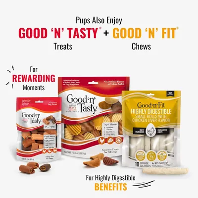 Showcases the brand's product portfolio by displaying multiple product options from the Good 'n' Tasty and Good 'n' Fit lines, helping shoppers understand the range of treats and chews available for…
