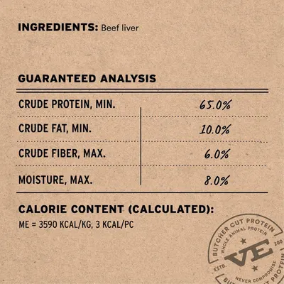 Communicates the nutritional profile and guaranteed analysis of the product to reassure shoppers about its high protein content and quality ingredients.