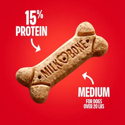 Highlights the high protein content (15%) to communicate nutritional value and quality to pet owners looking for healthy dog treats. Indicates the appropriate size of the treat for medium-sized dogs…