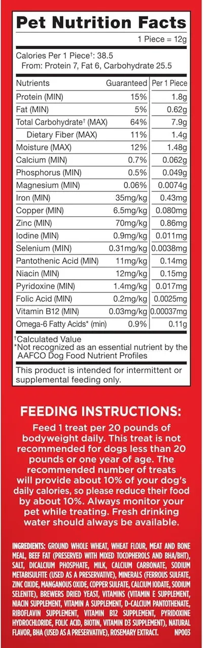 Provides detailed nutritional facts and feeding guidelines to help pet owners understand proper dosage and nutritional content for their dogs.