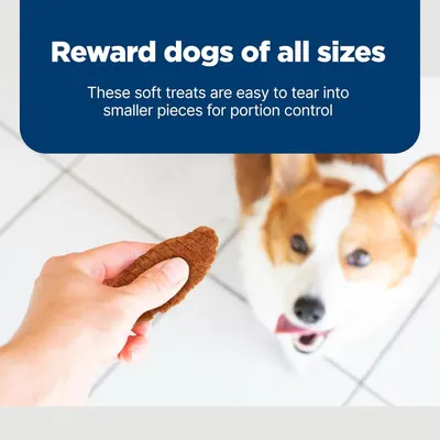 Communicates that the soft treats can be easily torn into smaller pieces for portion control, making them suitable for rewarding dogs of all sizes.