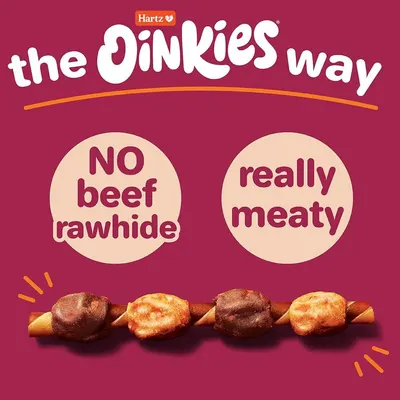 Communicates two distinct product benefits in a segmented layout: the absence of beef rawhide and the meaty flavor/texture, reassuring pet owners about safety and palatability.