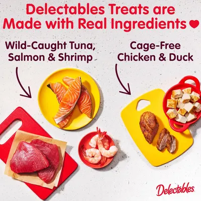 Communicates the quality and variety of real, premium ingredients used in the pet treats, reassuring shoppers about ingredient sourcing and nutritional value.