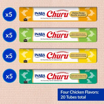 Displays the brand's product lineup showing four different chicken flavor variants available, helping shoppers understand the variety options within the Inaba Churu pet treat line.