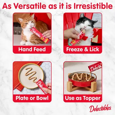 Demonstrates the versatility of the product by showing four different ways to serve and use the cat treat, reassuring shoppers that it can be adapted to their cat's preferences and feeding style.