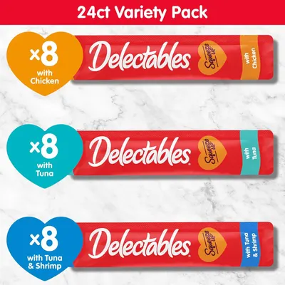 Shows the different flavor options available in the Delectables variety pack to help shoppers understand the product assortment and choose the right variety for their pet.