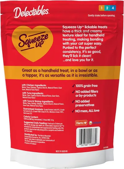 Communicates multiple selling benefits of the Squeeze Up treats including texture, versatility, and clean ingredient claims to reassure pet owners of quality and bonding value.
