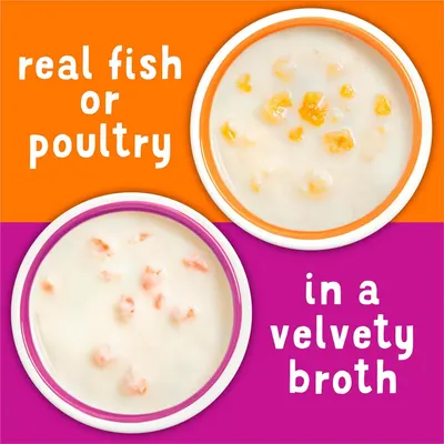 Highlights the quality ingredients (real fish or poultry) and texture (velvety broth) to reassure shoppers about the premium nature and palatability of the pet food.