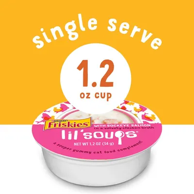 Communicates the exact portion size (1.2 oz cup) to help shoppers understand this is a single-serve cat food complement, making it easy to gauge value and feeding appropriateness.
