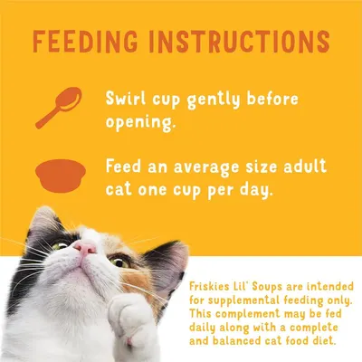 Provides clear step-by-step instructions on how to properly prepare and serve the cat food product, including serving size and supplemental feeding guidance.
