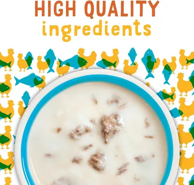 Communicates that the pet food contains premium, high-quality ingredients including real chicken and fish protein sources to reassure pet owners about nutritional value.