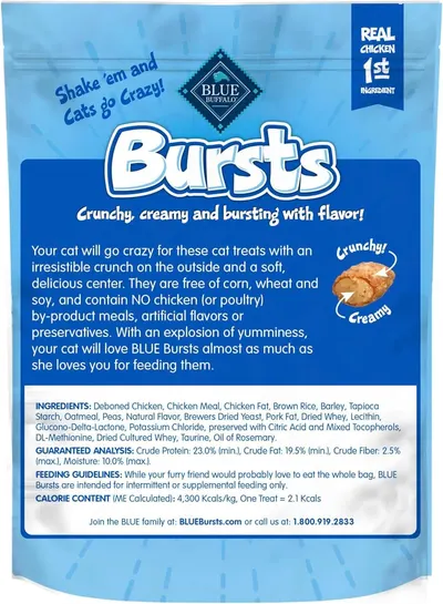 Communicates multiple product benefits including texture (crunchy outside, creamy center), quality ingredients (real chicken first), and what the product is free from (corn, wheat, soy, by-products,…