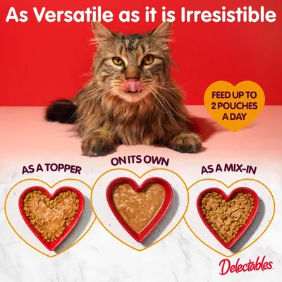 Demonstrates three different ways to serve the cat food (as a topper, on its own, or as a mix-in) to show versatility and appeal to different feeding preferences. Highlights multiple distinct…