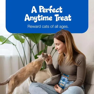 Communicates that the product is a perfect treat suitable for cats of all ages, positioning it as a rewarding and enjoyable snack in a real-world home setting.