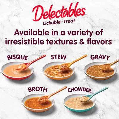 Showcases the Delectables Lickable Treat product line by displaying the five different texture and flavor varieties available (Bisque, Stew, Gravy, Broth, Chowder) to help shoppers understand the…