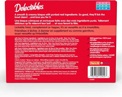 Communicates multiple distinct product benefits in a segmented layout, including grain-free formulation, no fillers or preservatives, palatability, and versatile feeding options to reassure pet…