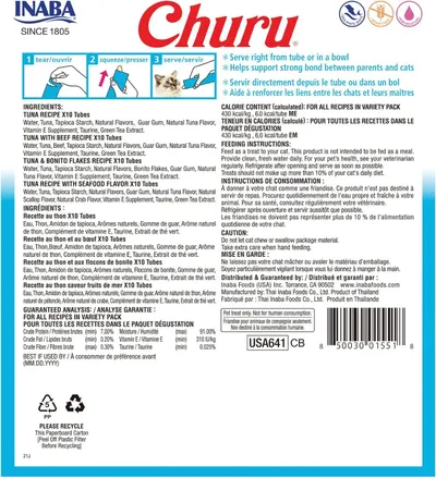Demonstrates the simple 3-step process for serving the product (tear, squeeze, serve) to reassure shoppers about ease of use and proper feeding method.