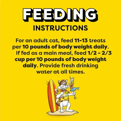 Provides clear feeding instructions for cat owners, explaining how much to feed based on body weight and whether the product is used as treats or a main meal.