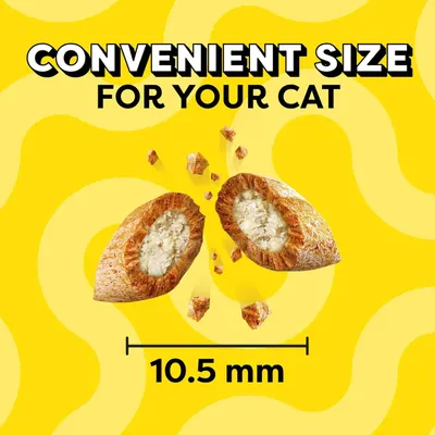 Communicates the exact physical size of the cat food product (10.5 mm) to reassure shoppers that it is appropriately sized for their cat to eat comfortably. Highlights the benefit that the product…