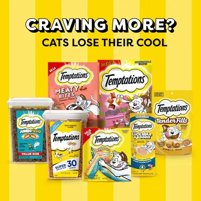 Displays the full Temptations product portfolio to help shoppers understand the variety of formats and flavors available within the brand's lineup.