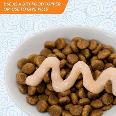 Demonstrates the product's versatility by showing two distinct ways to use it—as a dry food topper or as a method to give pills to pets.