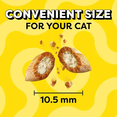 Communicates the physical dimensions of the cat food pieces (10.5 mm) to reassure shoppers that the kibble is appropriately sized for their cat to eat comfortably. Highlights the convenient sizing…