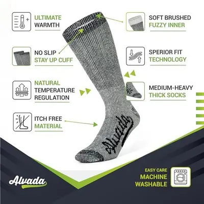 This image showcases multiple distinct benefits of the socks in a segmented layout with callouts, reassuring shoppers of the product's comprehensive performance features including warmth, comfort,…