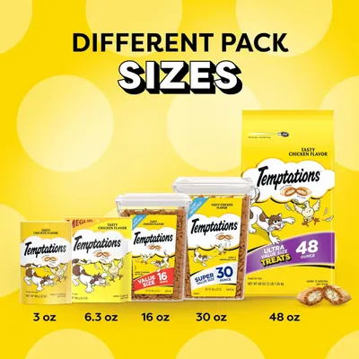 Helps shoppers understand the different pack sizes available for Temptations cat treats, making it easier to choose the right option for their needs.