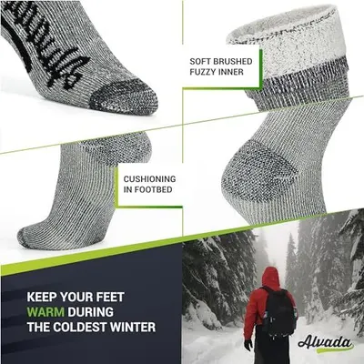 Highlights the physical construction and comfort features of the socks, showing the soft inner lining and cushioned footbed to reassure shoppers about warmth and comfort during cold weather.…