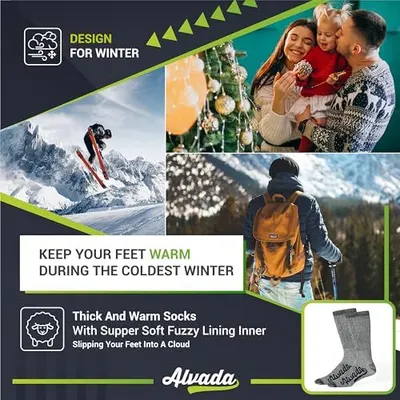Communicates multiple benefits of the socks including winter-specific design, warmth retention, thick construction, and comfort through a visually segmented layout with lifestyle imagery and product…