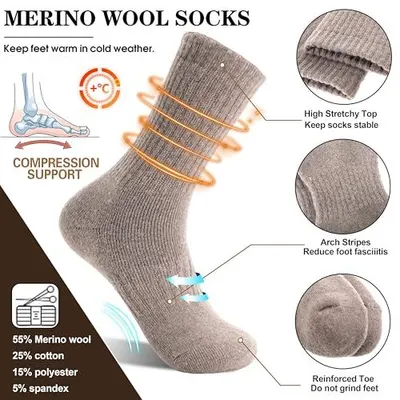 This image breaks down the physical features and construction zones of the merino wool socks, using callout lines and zoom circles to highlight specific functional components like the stretchy top,…