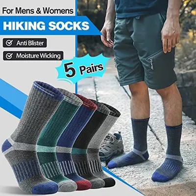 Communicates multiple key benefits of the hiking socks (anti-blister, moisture-wicking) while also highlighting the value proposition of receiving 5 pairs, appealing to both performance and…