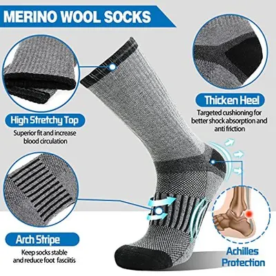 This image breaks down the physical construction zones of the merino wool sock, highlighting specific areas (toe, heel, arch, achilles) and their functional design to help shoppers understand the…
