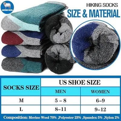 Provides a detailed sizing chart showing sock sizes for men and women, along with material composition details, helping shoppers select the correct size and understand the product's fabric makeup.